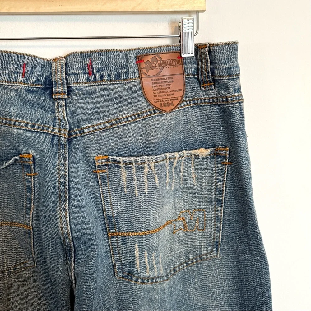 VTG Y2K Mecca Distressed Embroidered Baggy Denim Blue Jeans – 40 x 34